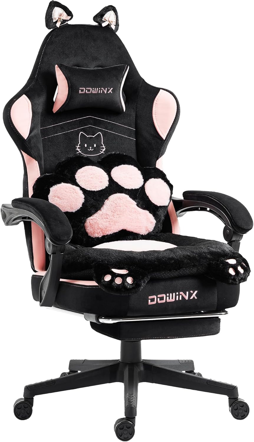 猫耳デザインゲーミングチェア 猫の肉球クッション付き リクライニング機能 ファブリック 黒＆ピンク