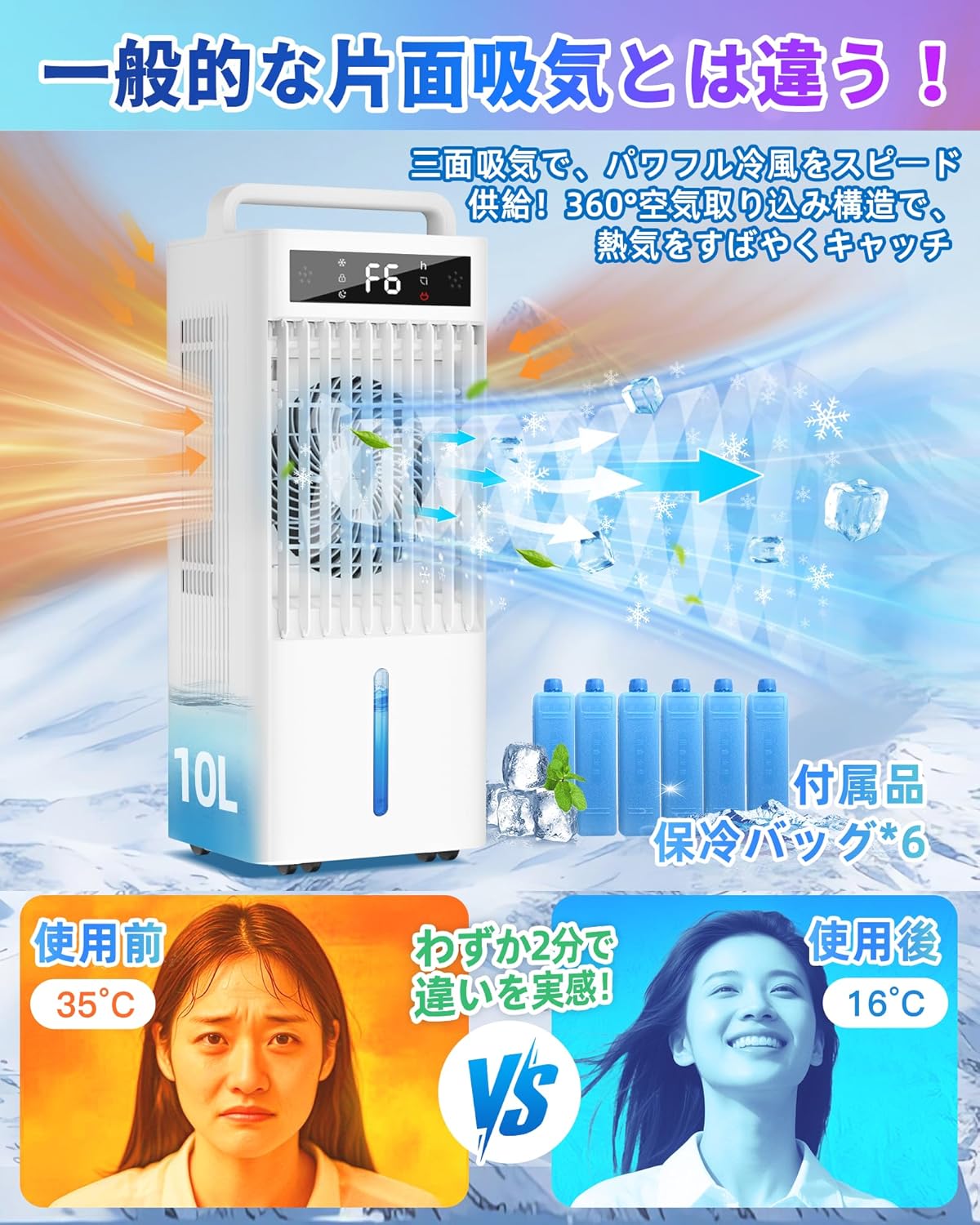 猛暑対策用強力冷風扇 10Lタンク・リモコン操作・静音タイプ