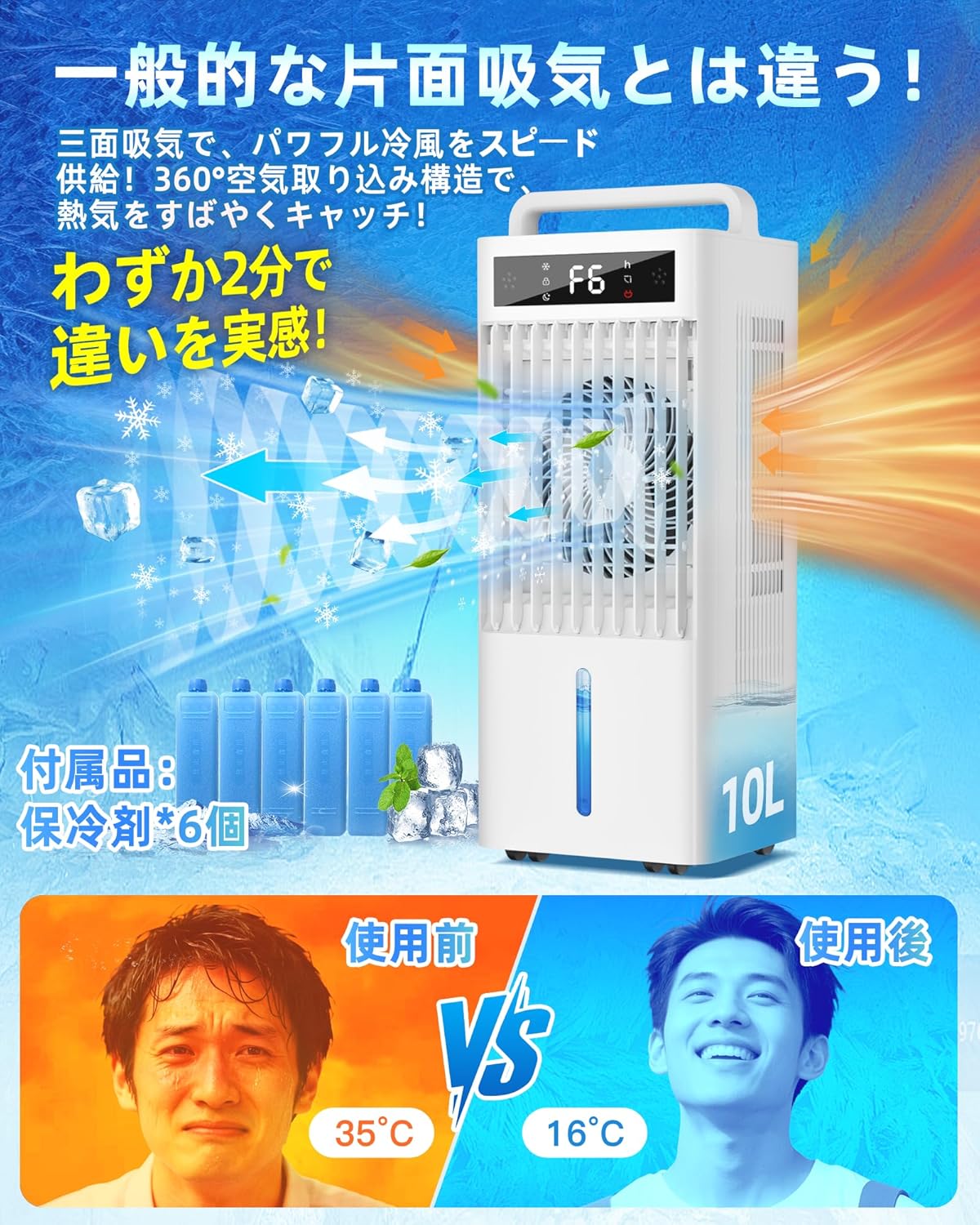 強力冷風機 10L大容量タンク 自動首振り 送風・冷却・加湿・空気清浄 遠隔操作 PSE認証 移動便利 静音 省エネ ホワイト