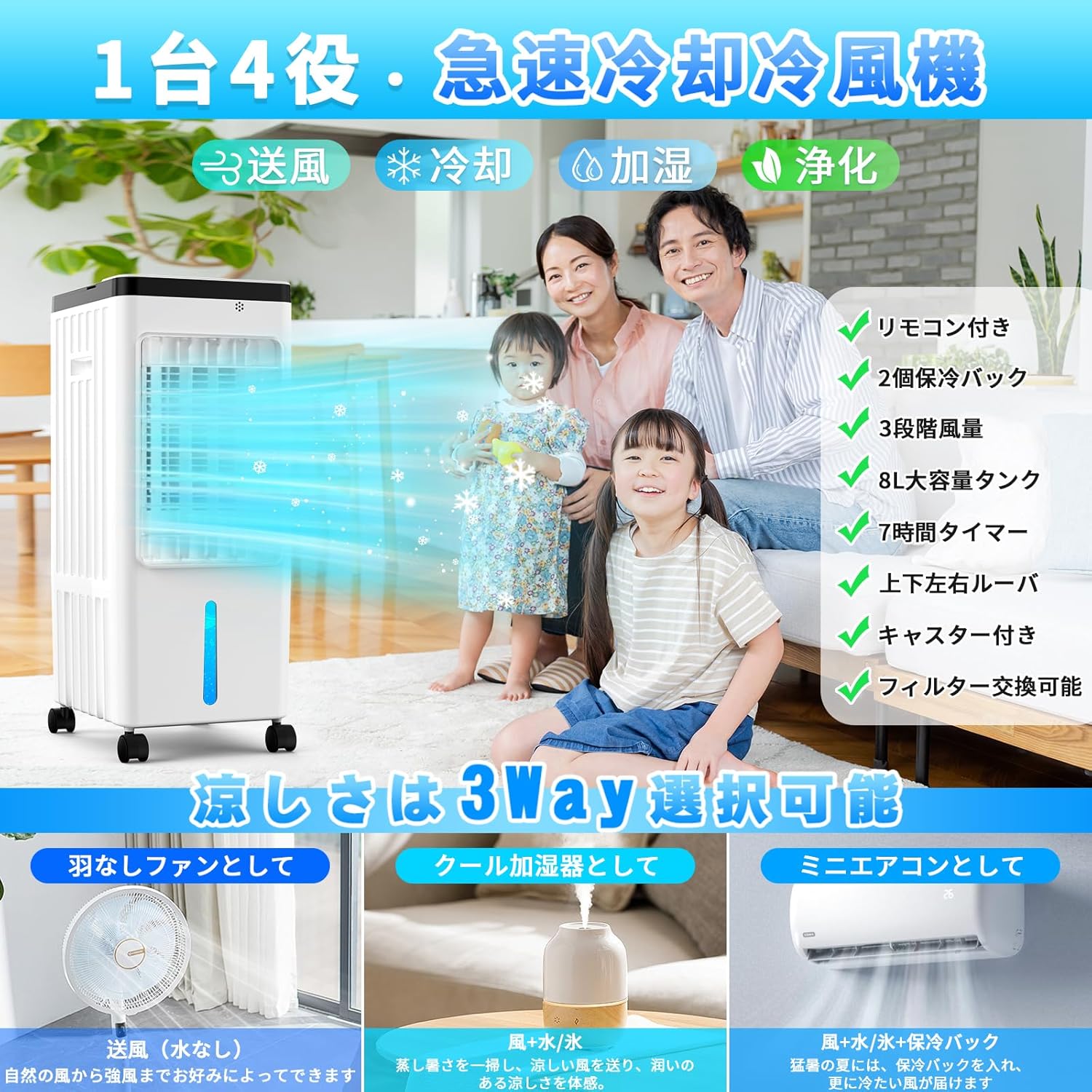 猛暑対策 冷風機 4役対応【強力送風・省エネ・8Lタンク】上下左右自動首振り タイマー・リモコン付き