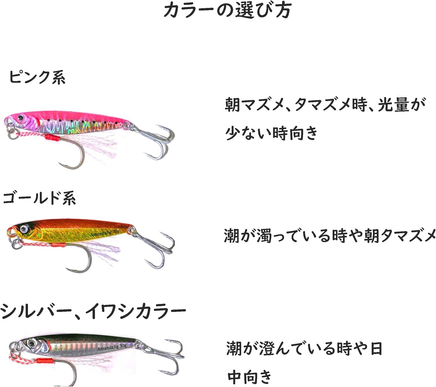 海釣り用メタルジグ「KAJIKI」アマンダセット（20g/30g/40g）青物・タチウオ用