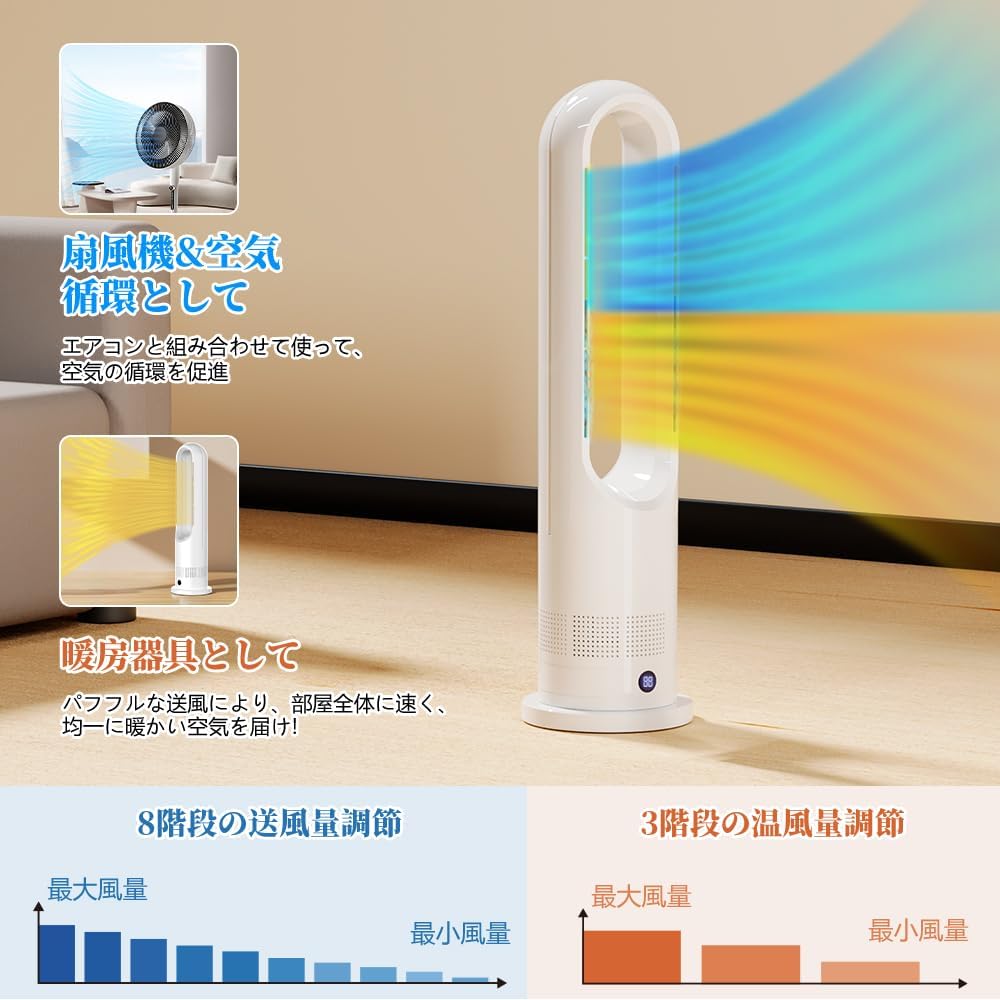 冷暖両用タワーファン セラミックヒーター DCモーター省エネ リモコン付 100°首振り 1-9Hタイマー付き