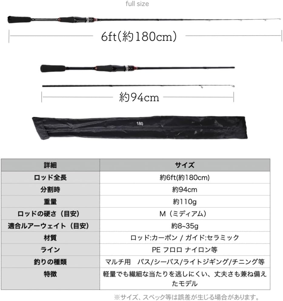 ブラックバス・シーバス・チニング用 180cm 2ピース スピニングロッド M