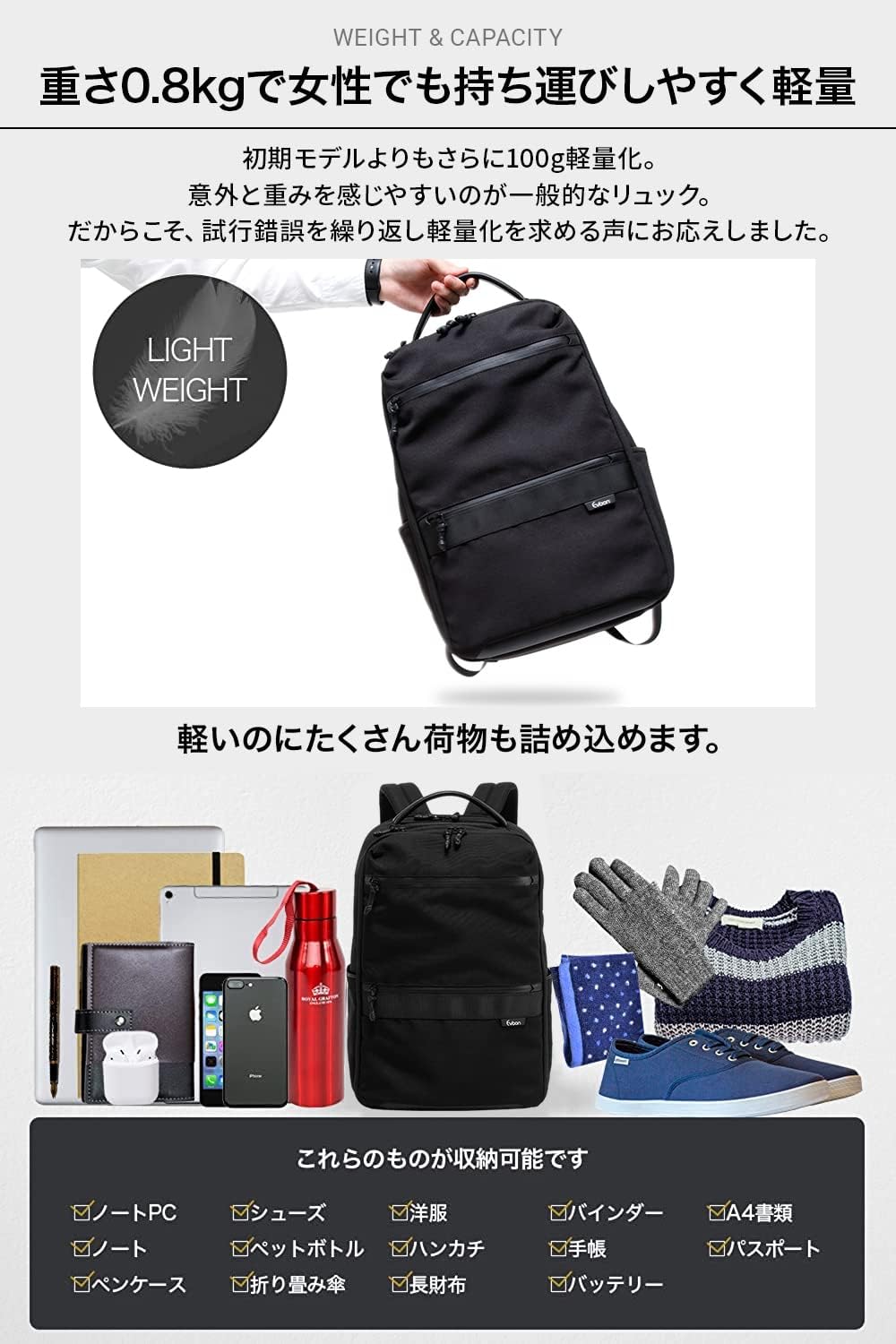 ビジネスリュック メンズ レディース 軽量 撥水加工 15.6インチ 800g