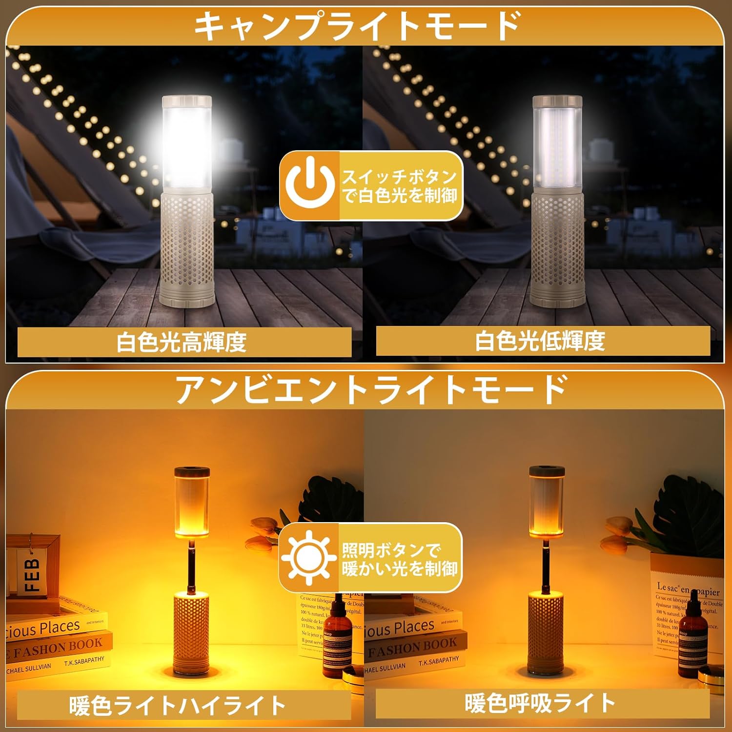 USB充電式防水コンパクトアウトドアランタン - 4点灯モード・調光機能付き