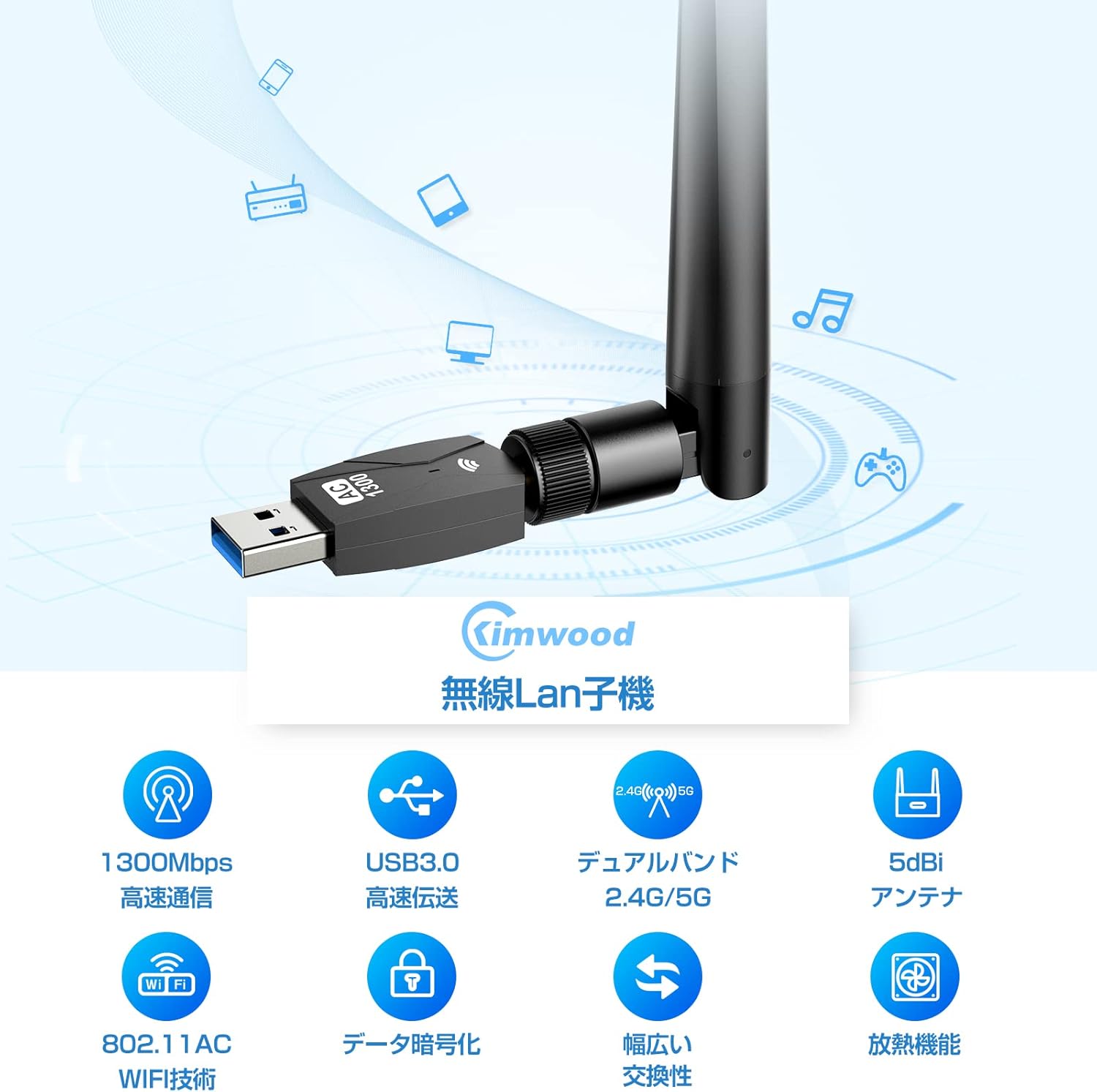 KIMWOOD 1300Mbps USB 3.0 無線LAN子機 デュアルバンド 360°回転アンテナ Windows/Mac対応