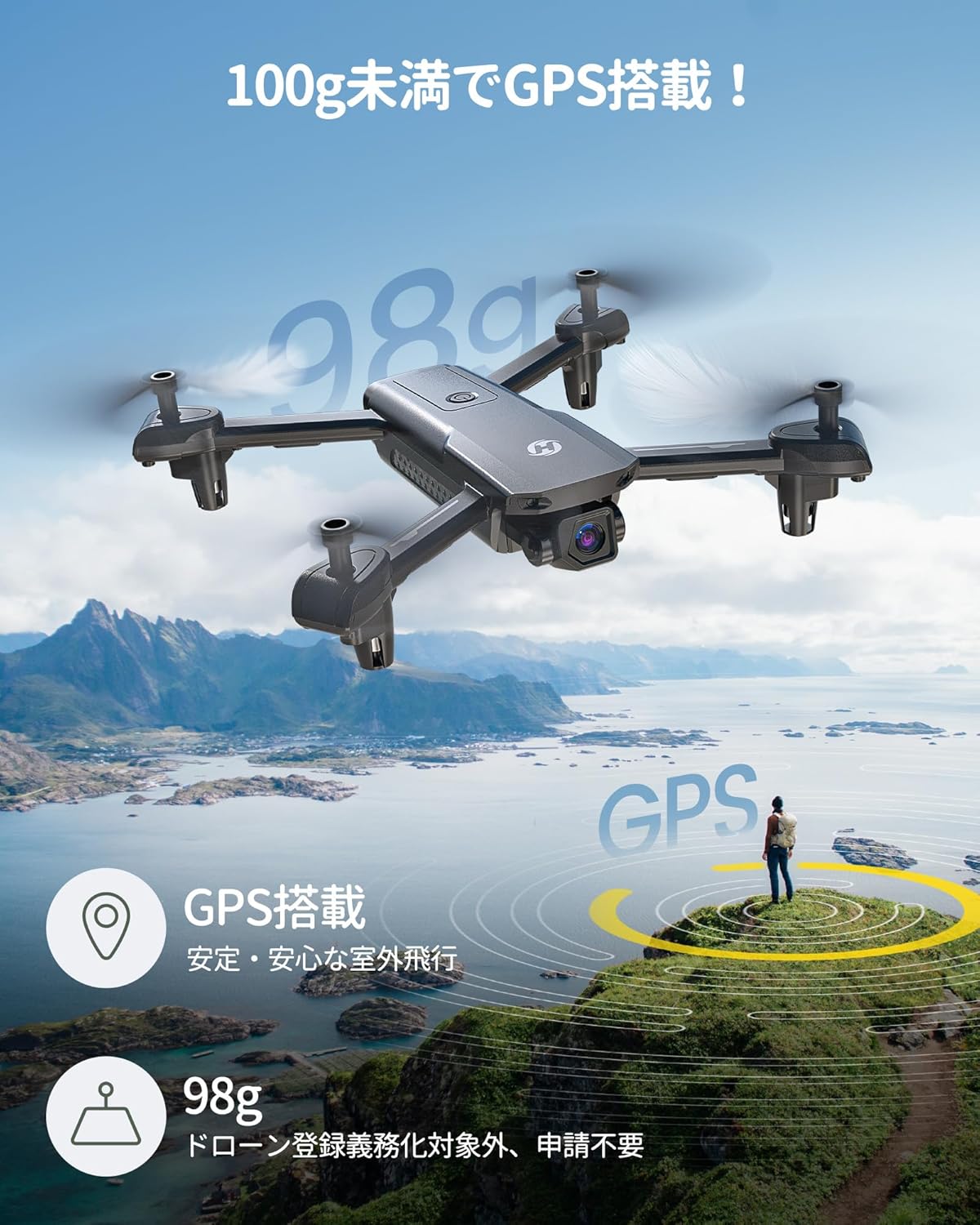 屋外用 GPS搭載小型ドローン（1080Pカメラ・バッテリー2個付） 誕生日ギフト HS155 黒
