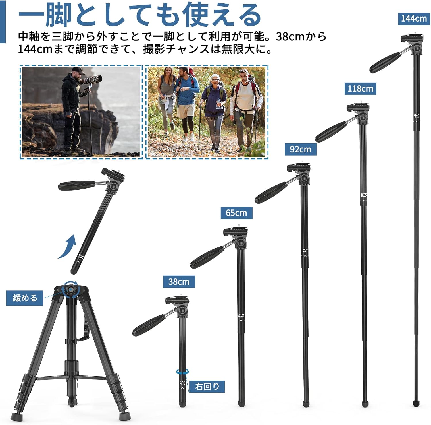 ZOCUS 三脚 一脚可変式 全高1900mm アルミ製 スマホホルダー付き ブラック