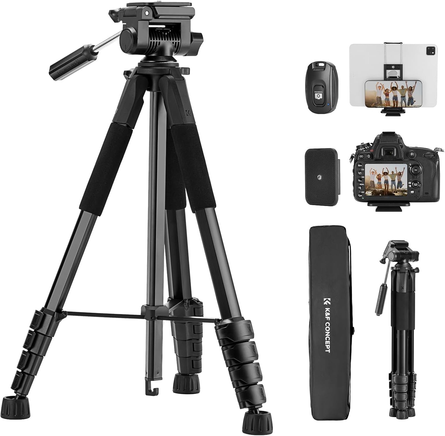 K&F CONCEPT 軽量190cm トラベル三脚 - 360°回転・4kg耐荷重・リモコン付き