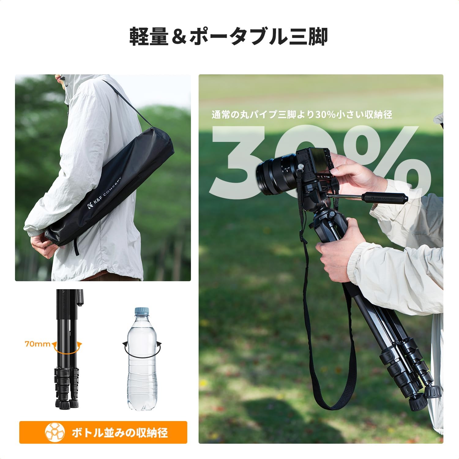 K&F CONCEPT 軽量190cm トラベル三脚 - 360°回転・4kg耐荷重・リモコン付き