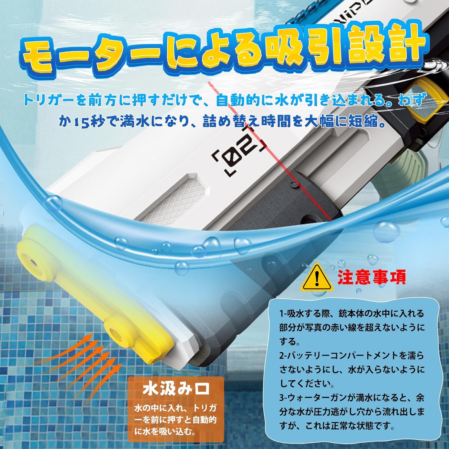 ウォーターガン 大容量500ml 電動水鉄砲 高速連発 約8-10m 大人・子供用 海水浴・プール遊び 誕生日プレゼント
