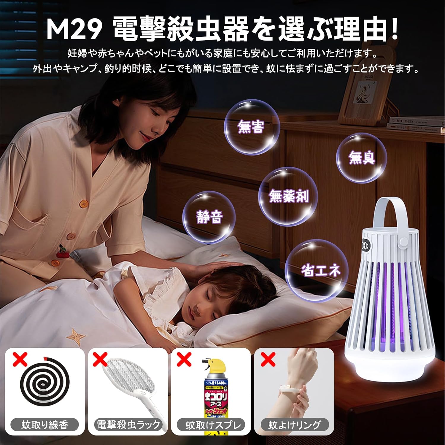 【2025年金賞】360°強力電撃殺虫器 UV光源誘引式 バッテリー3000mAh USB充電 静音設計 防水 屋内外兼用（ホワイト）