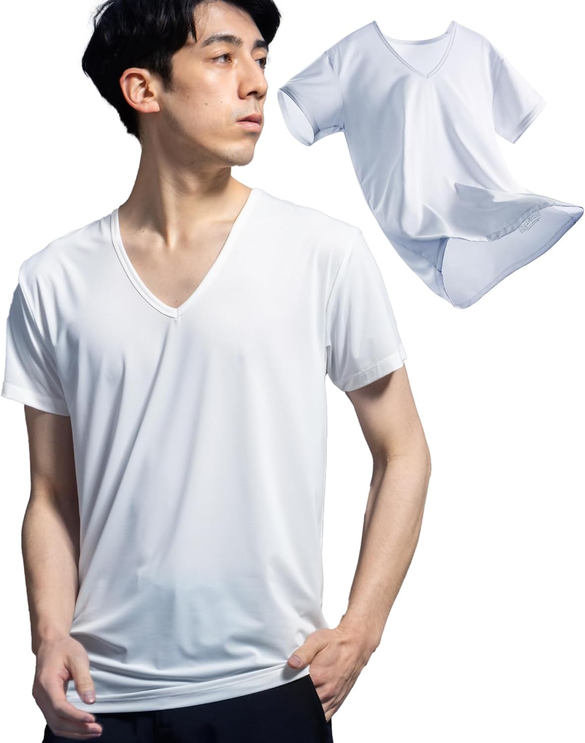 接触冷感メンズ半袖インナーシャツ【ICEBODY】吸汗速乾・ストレッチ・通気性 Vネック 夏用 白