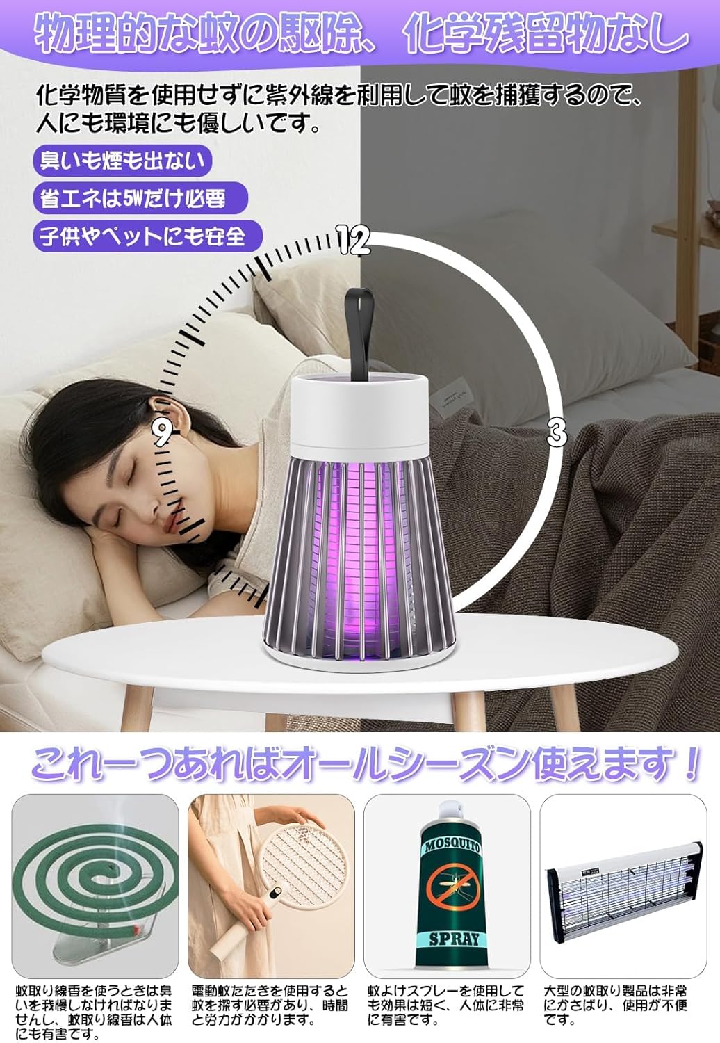電撃殺虫器 コバエ取り 360°強力LED誘虫灯 USB充電式 静音設計 室内・室外両用