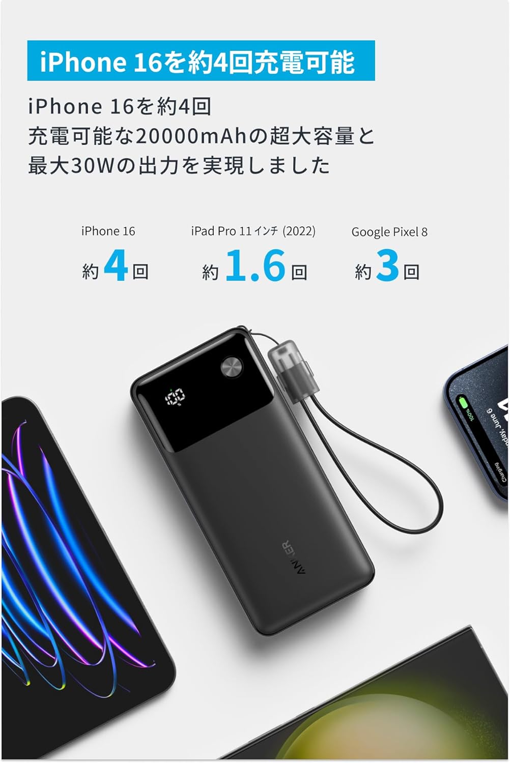 Anker 30Wモバイルバッテリー 20000mAh USB-C & USBケーブル付属【PD/PowerIQ/PSE適合】 ブラック