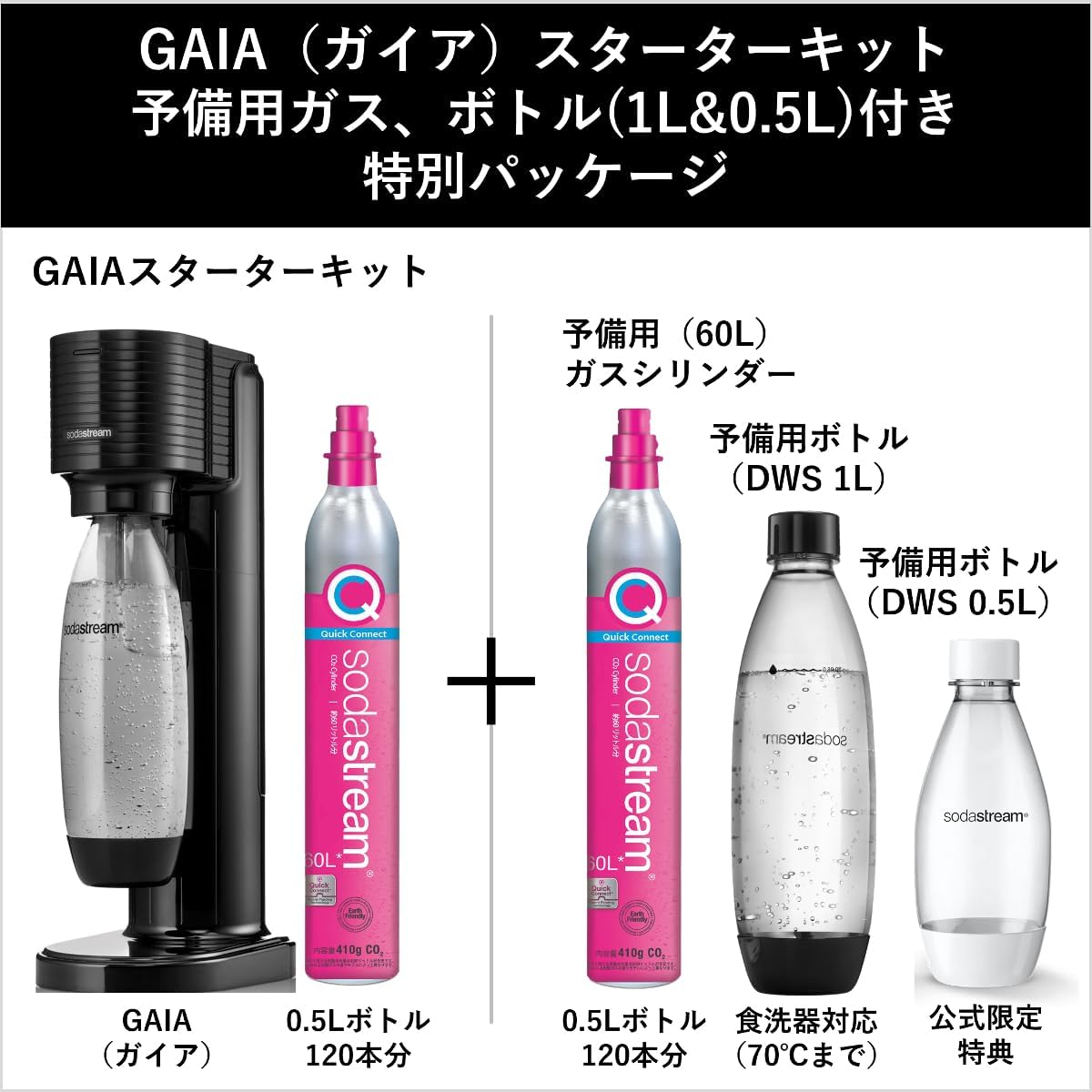 炭酸水メーカー ソーダストリーム GAIA スターターキット ブラック｜60Lガス2本・ボトル3本付属