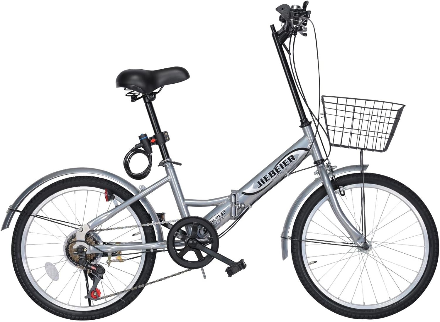 通勤・通学用20インチ折り畳み自転車 軽量高炭素鋼フレーム 7段変速 カゴ・ライト付