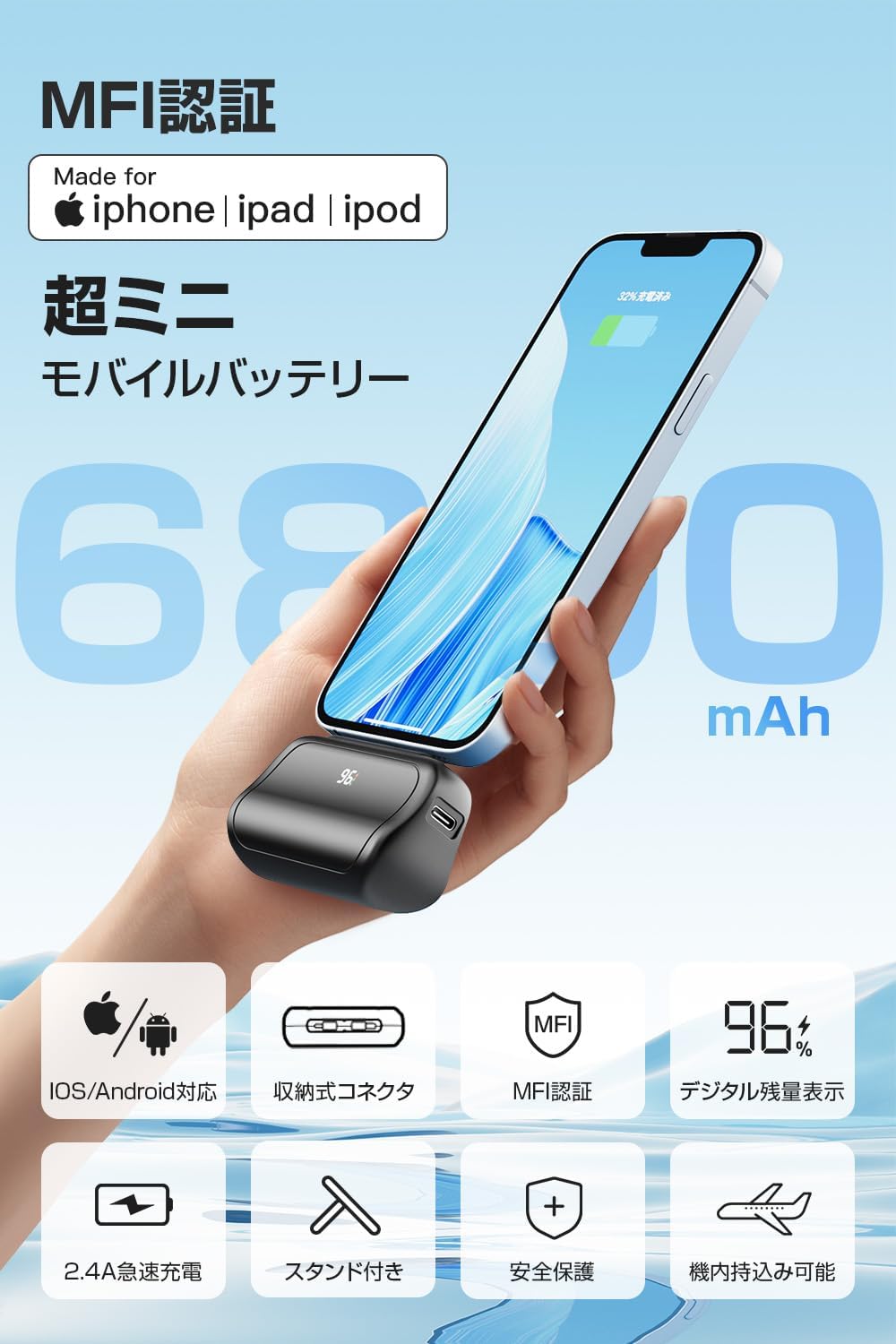 モバイルバッテリー 6800mAh MFi認証 Lightning & Type-Cケーブル内蔵 2台同時充電対応 軽量約100g (ホワイト)