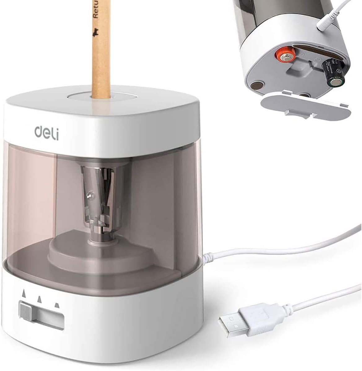 入学準備 Deli 電動鉛筆削り 6-8mm対応 USB/乾電池式 小学生用 (ホワイト)