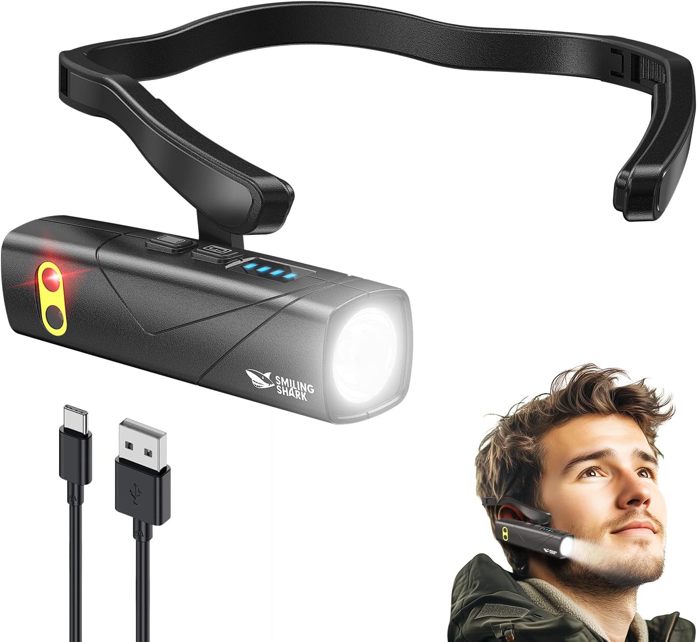 充電式 LED 耳掛け式ヘッドライト - センサー付き・USB充電・超軽量・防水・高輝度・キャンプや作業に最適