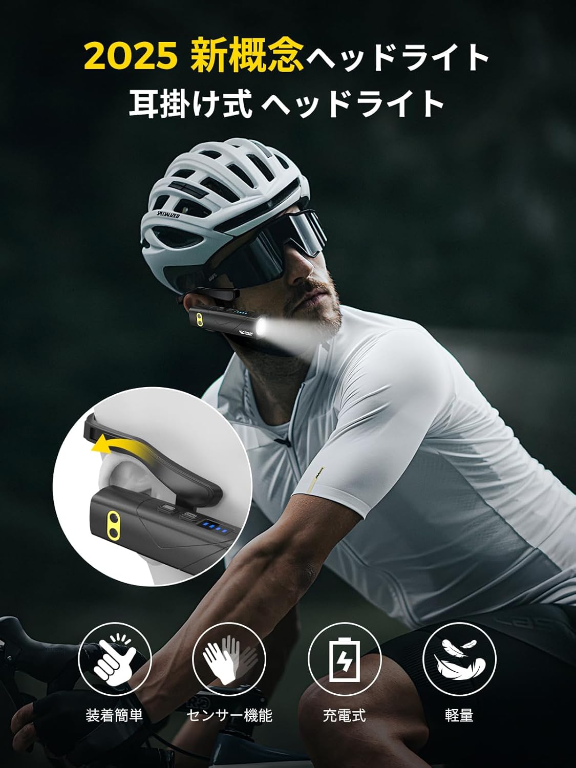 充電式 LED 耳掛け式ヘッドライト - センサー付き・USB充電・超軽量・防水・高輝度・キャンプや作業に最適