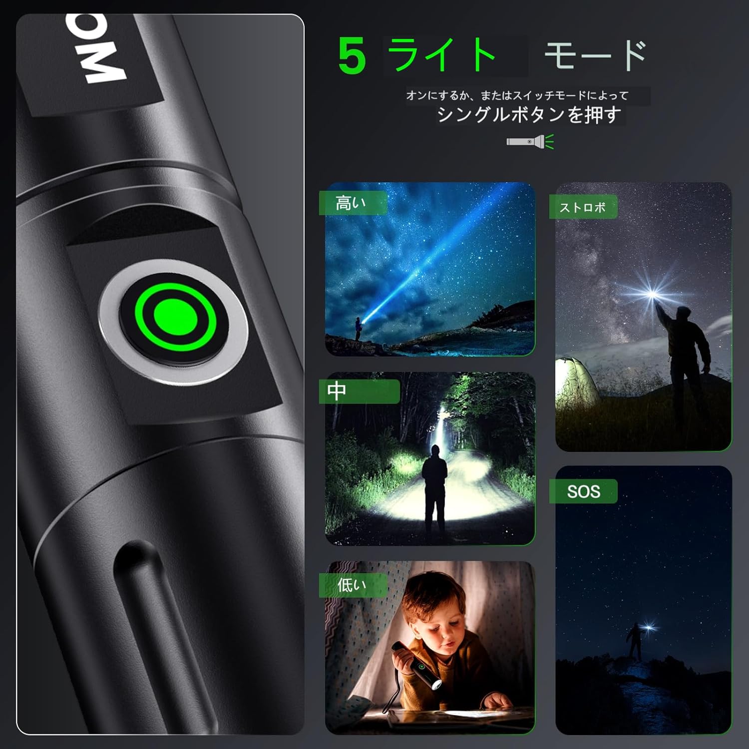 強力な3500ルーメン防滴LED懐中電灯 - 軍用ハンディライト/ズーム式/充電式/5モード対応