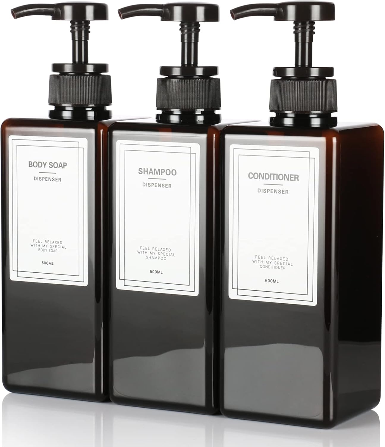 詰め替え用シャンプーディスペンサー ボトル 600ml 3本セット (ブラウン)
