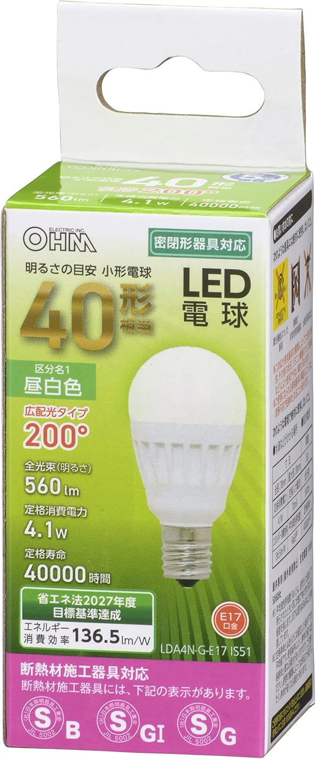 オーム電機 LED電球 E17 40形相当 昼白色