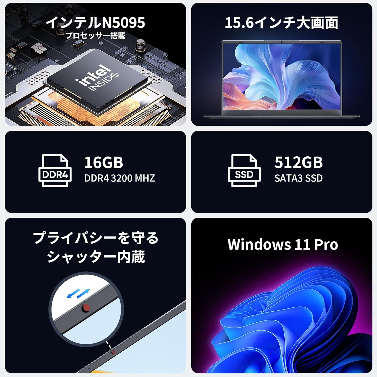 UOWAMOU 15.6インチノートパソコン Office 2024搭載｜16GB RAM・512GB SSD・Windows 11 Pro・指紋認証・FHD 1080P
