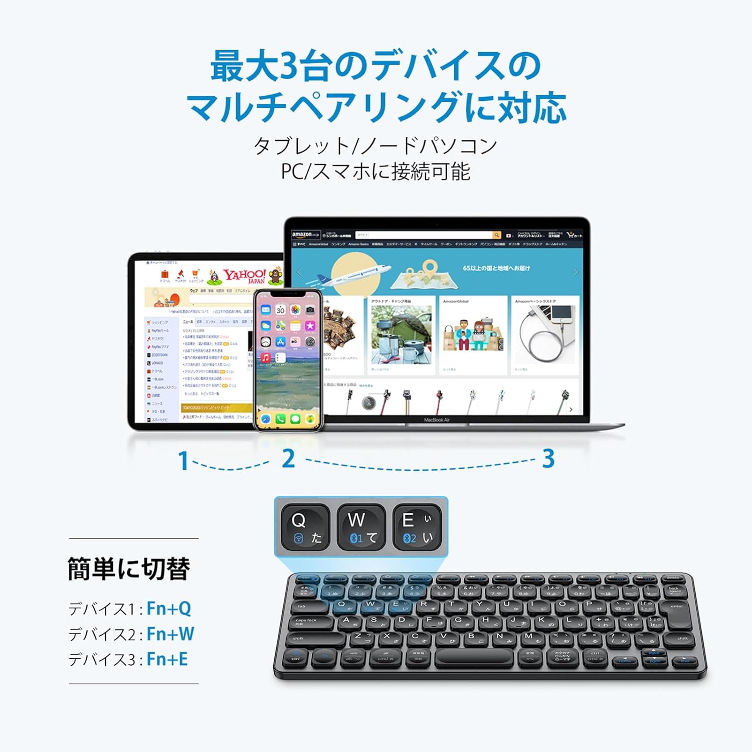 Bluetooth対応 ワイヤレスキーボード JIS日本語配列 小型 薄型 充電式 パンタグラフ式 デュアルモード 3デバイス切替え グレーブラック DK02