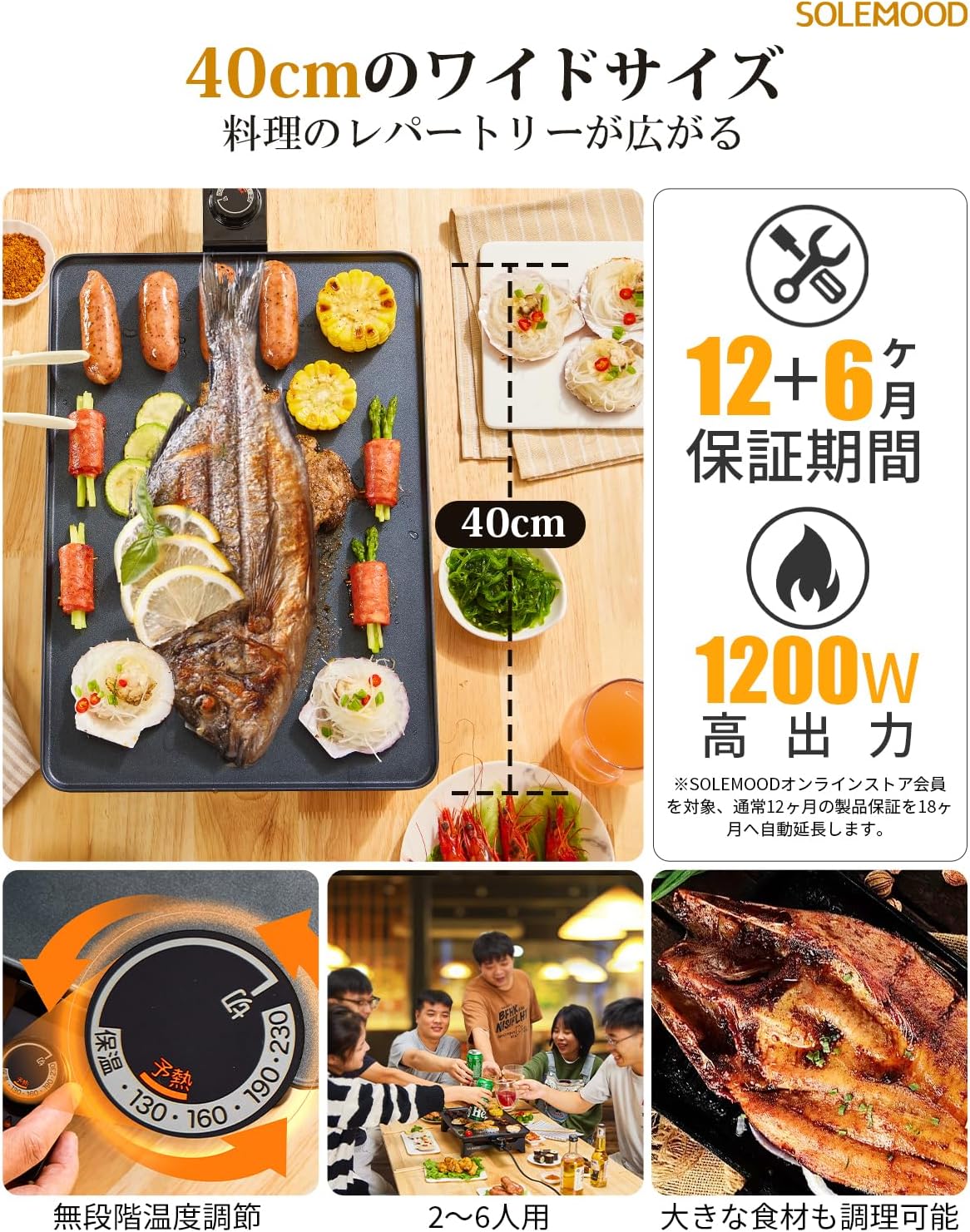 家族用電気焼肉器 焼肉ホットプレート 大型フッ素加工 温度調節可能 (ブラック)