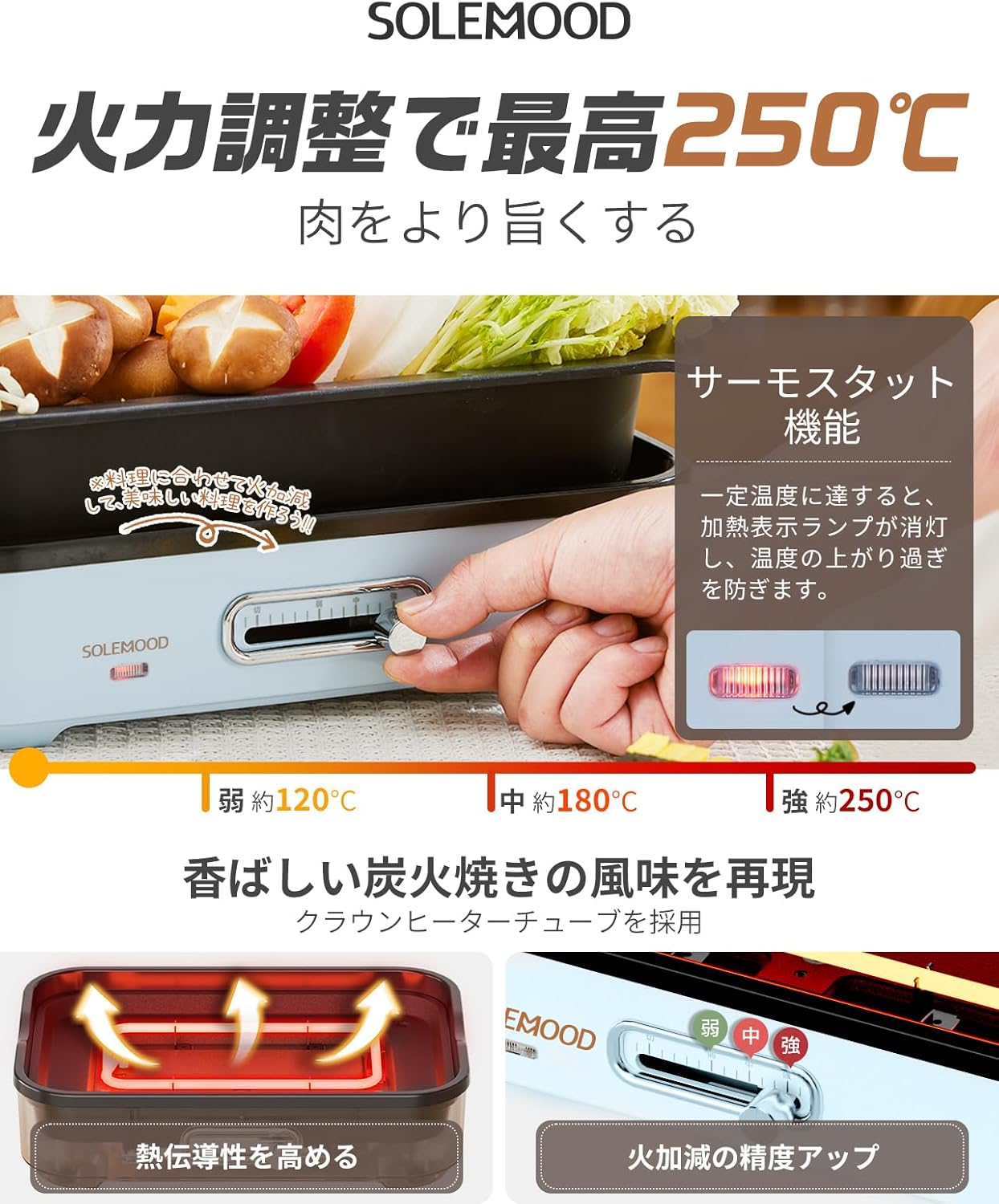 コンパクトホットプレート グリル鍋 温度調節機能付き 1～4人用 洗いやすい ブルー