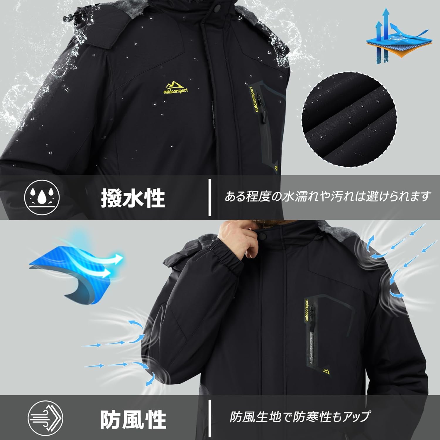 冬の防寒マウンテンパーカー メンズ 裏ボア 防風・防水 アウトドアジャケット