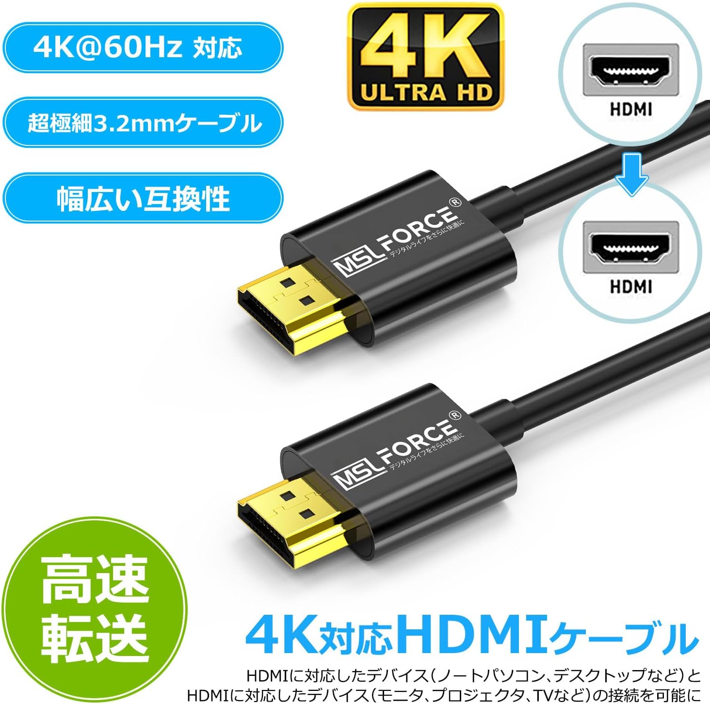 安心の日本製 HDMIケーブル 4K対応 1m 2m 60Hz 高速転送 オス-オス 金メッキ 18Gbps