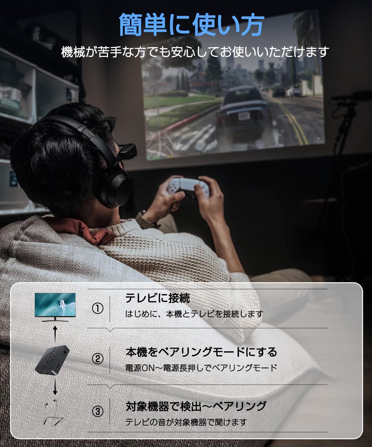 Bluetooth 5.3 テレビ用トランスミッター&レシーバー F2 - 光デジタル対応、30m通距離、日本語説明書付き