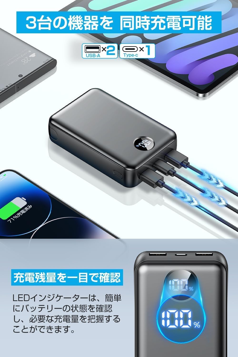 大容量40000mAhモバイルバッテリー スマホ対応 隠しスタンド付き ブラック