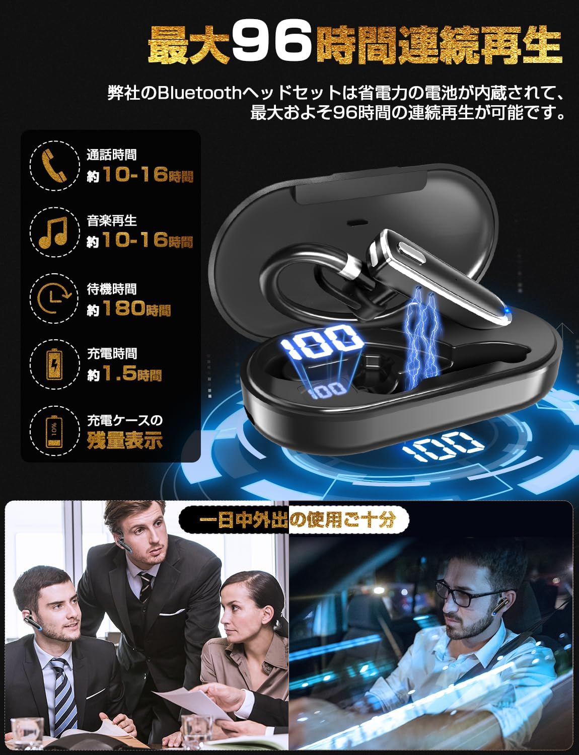 カナル型Bluetoothヘッドセット 最大96時間使用可 充電ケース付 ハンズフリー通話対応