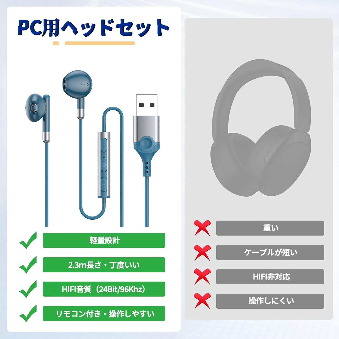 USB有線ヘッドセット マイク付き 2.3m 通話・音量調節 HIFI音質 テレワーク・WEB会議用 (ブルー)