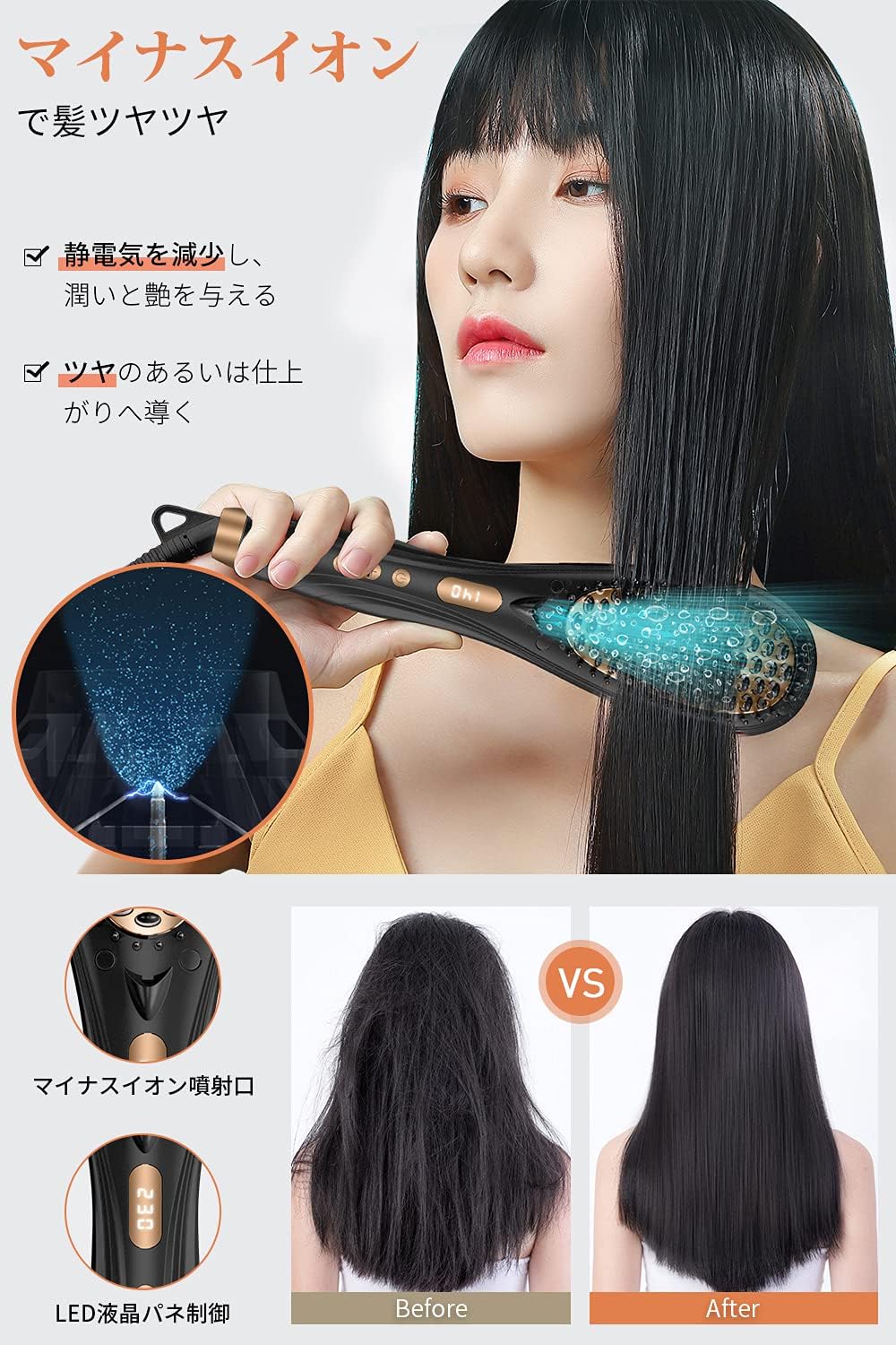 温度調節可能なストレートヘアアイロン（80℃～230℃）マイナスイオン機能搭載、16段階温度設定、LED表示、携帯便利【ブラック】
