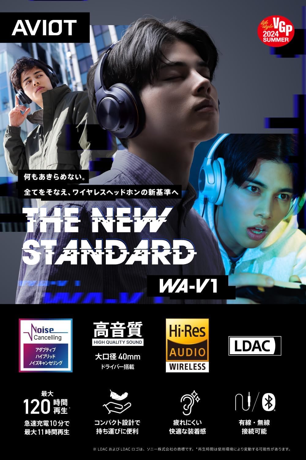 AVIOT WA-V1 ノイズキャンセリングワイヤレスヘッドホン 最大130時間再生 LDAC/ハイレゾ対応 折りたたみ式 (ネイビー)