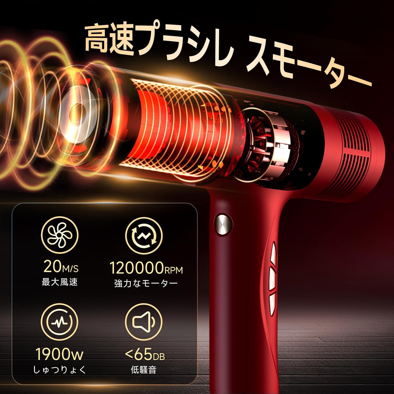 速乾大風量ヘアドライヤー 高濃度マイナスイオン搭載 ツヤ髪仕上げ PSE認証（ローズレッド）
