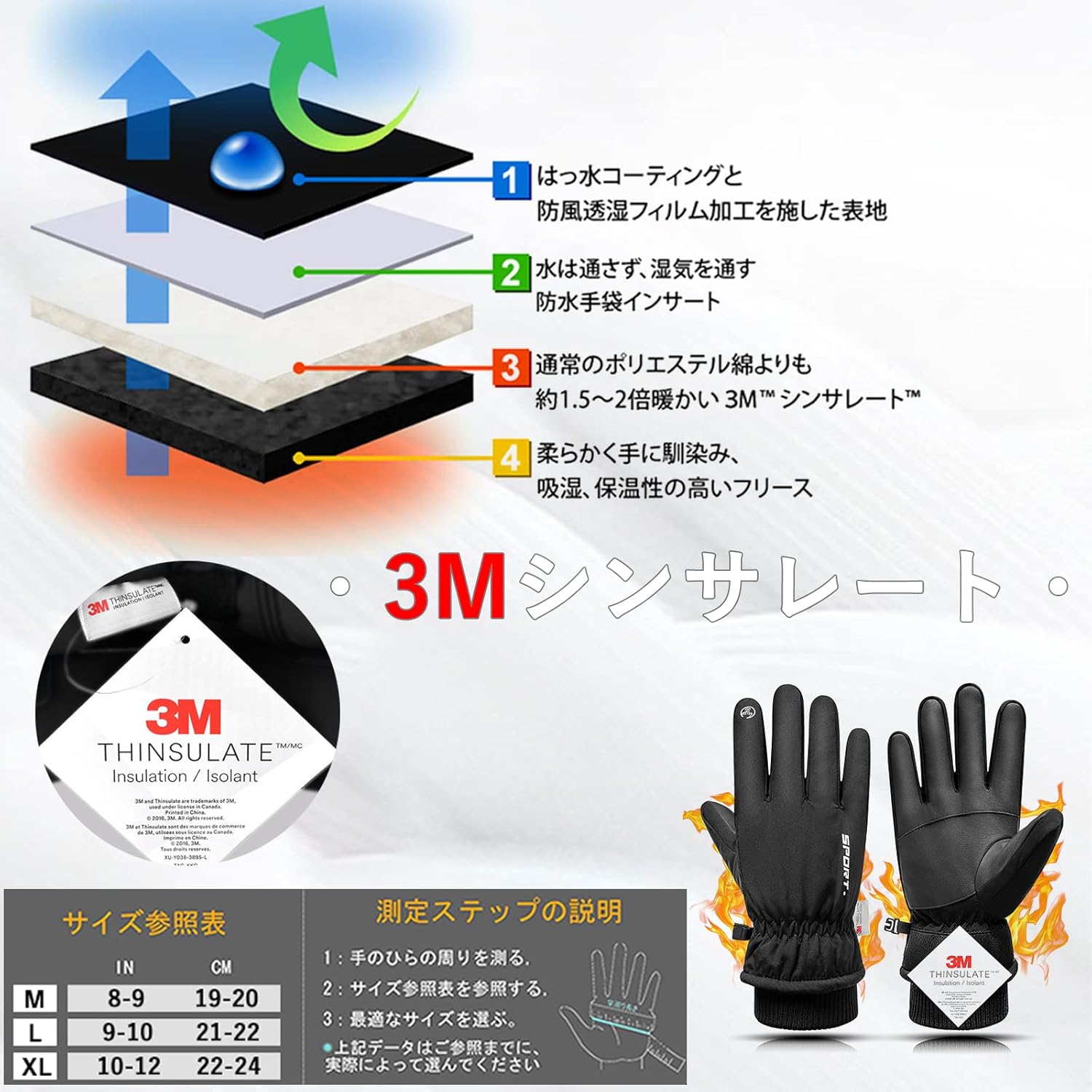 防寒メンズアウトドアグローブ 3Mシンサレート・タッチパネル対応・防水防風