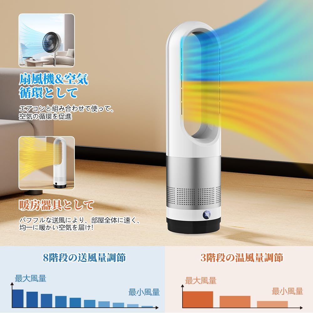 冷暖両用タワーファン&セラミックヒーター リモコン付き 省エネ 2025最新型【羽根なし】【100°左右首振り】【1-9Hタイマー】