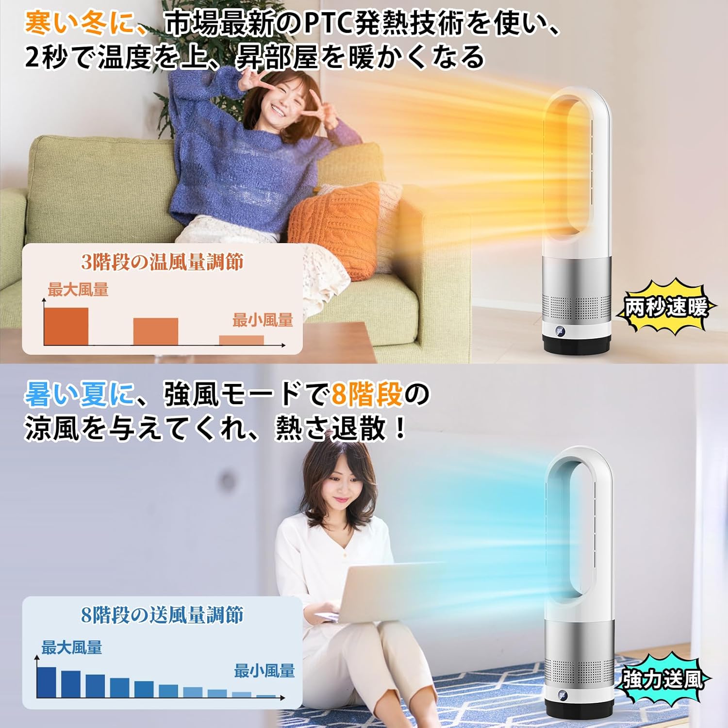 冷暖両用タワーファン&セラミックヒーター リモコン付き 省エネ 2025最新型【羽根なし】【100°左右首振り】【1-9Hタイマー】
