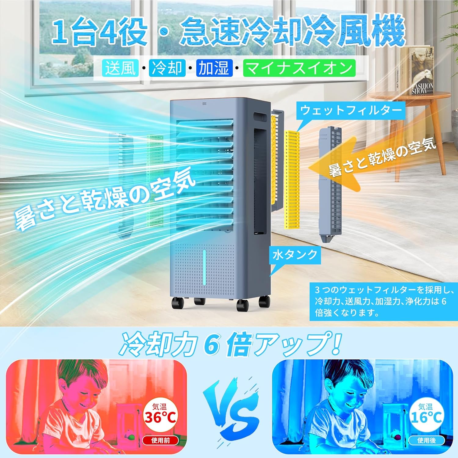 猛暑対策 冷風機 イオン発生 8L大容量タンク 静音・省エネ 移動便利 3モードと3段階風量