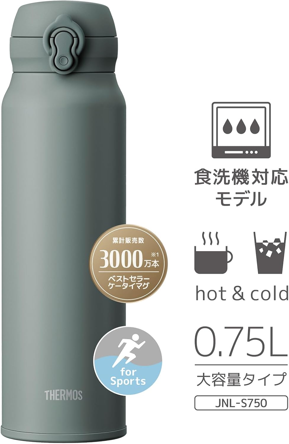 食洗機対応 サーモス 真空断熱ケータイマグ 750ml アッシュグリーン ワンタッチオープン ステンレス製