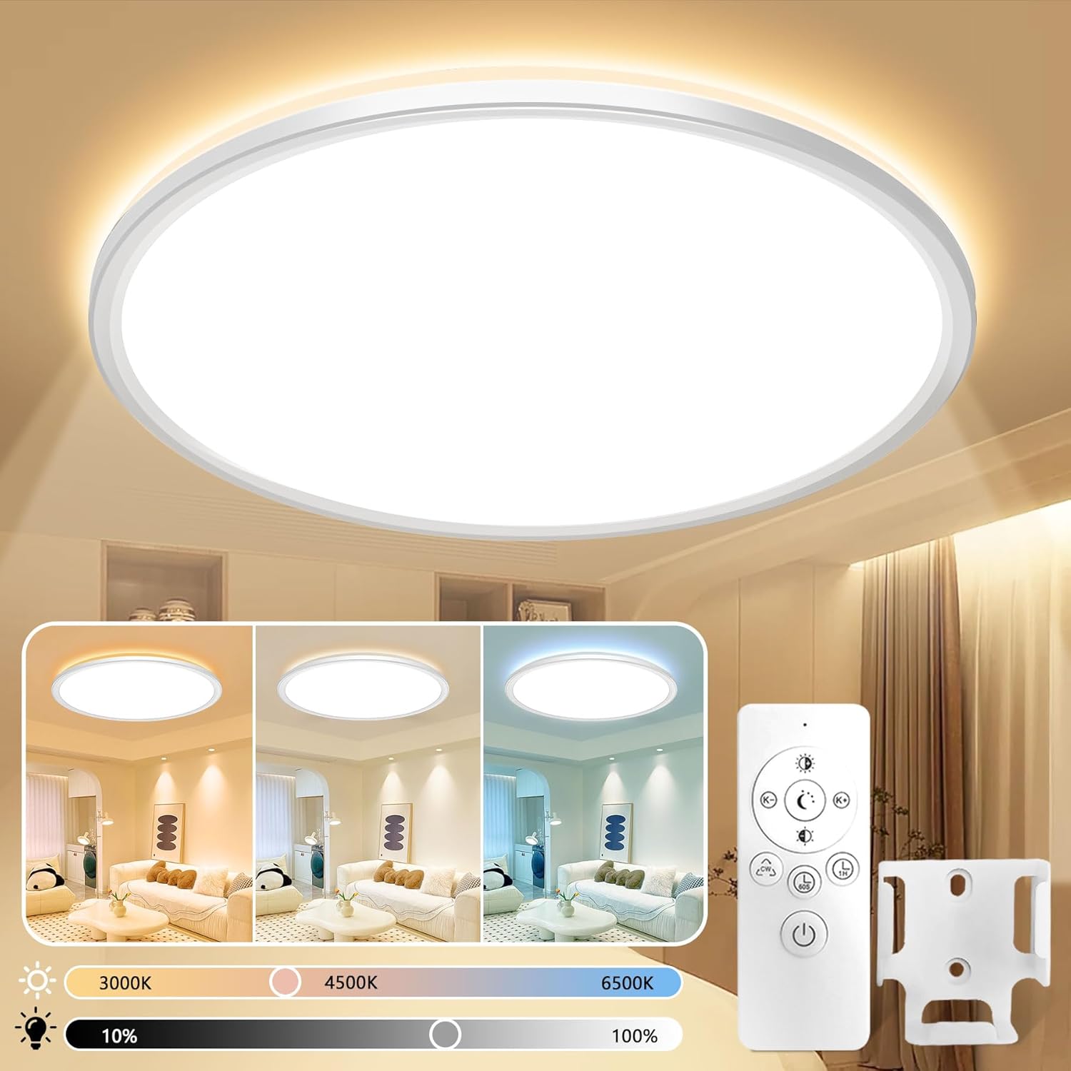 2025年モデル リモコン付き LEDシーリングライト 24W 3000LM 無段階調光・調色 省エネ 極薄丸型 (6畳用)