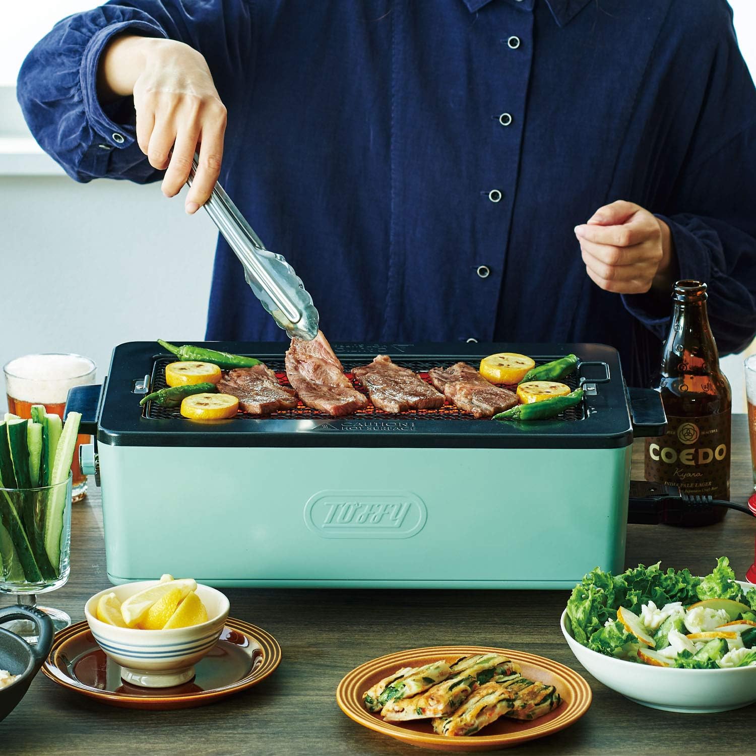 低煙スモークレス焼肉ロースター K-SY1 (ペールアクア) おうちBBQ用 2WAY グリル