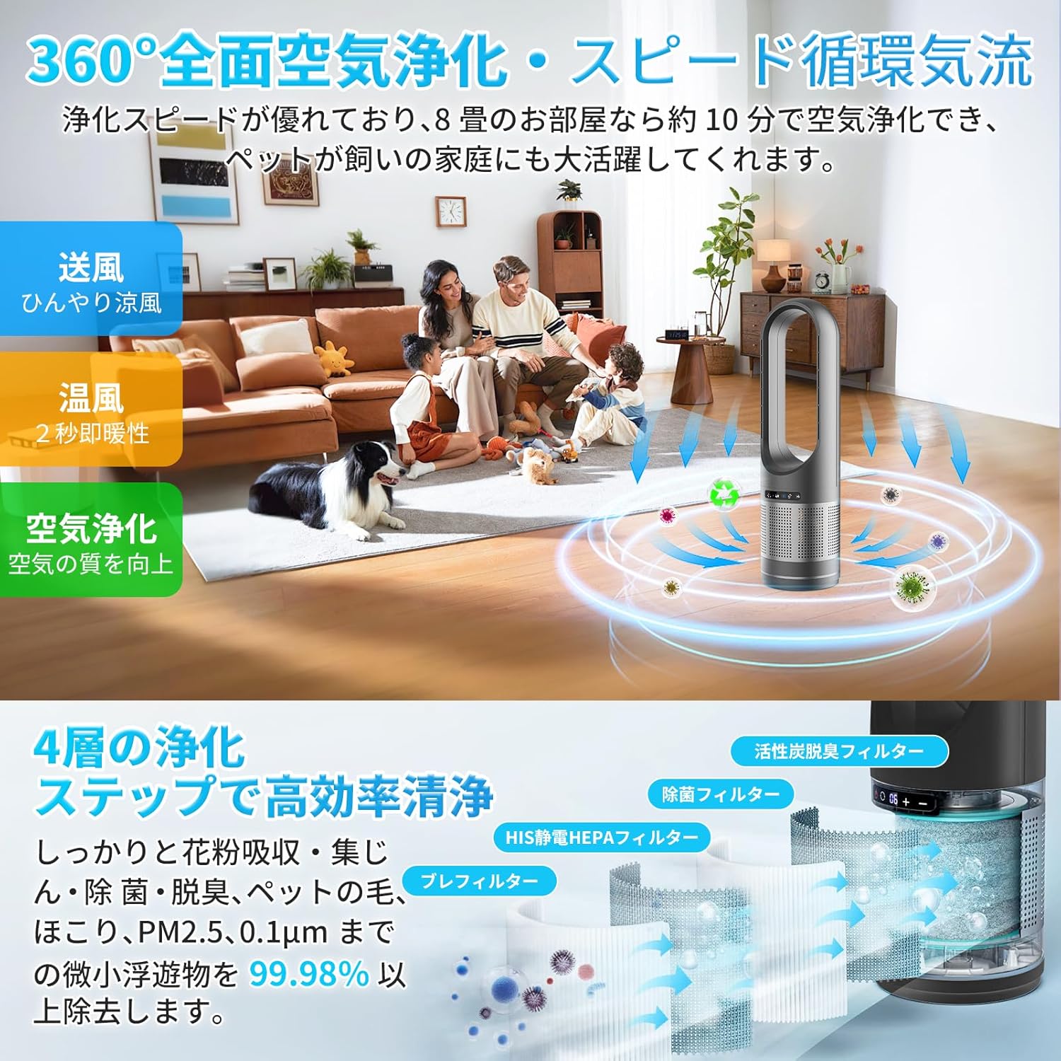【2025年最新版・冷暖房兼用・空気清浄タワーファン】羽なし扇風機 8段階冷風・3段階暖風 大風量100°首振り リモコン付き 静音省エネ ブラック