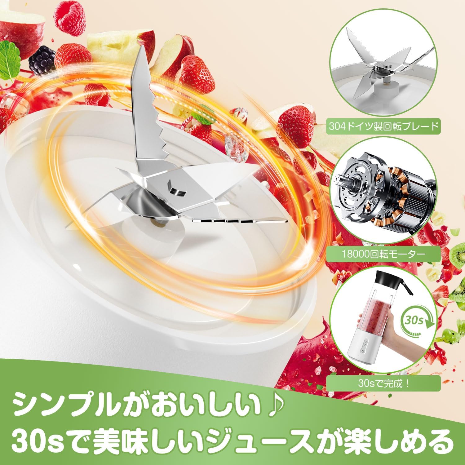 コードレスミキサー ジューサー 500ml 洗いやすい 304ステンレス製 お手入れ簡単 USB充電式 コンパクト 軽量 ホワイト